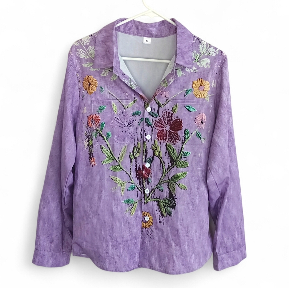 Purple Garden Button Down Shirt Oversized Floral Femme Colorful Boho Lavender